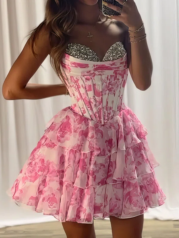Corset A-line Strapless Floral Print Tiered Homecoming Dresses #Milly02055287