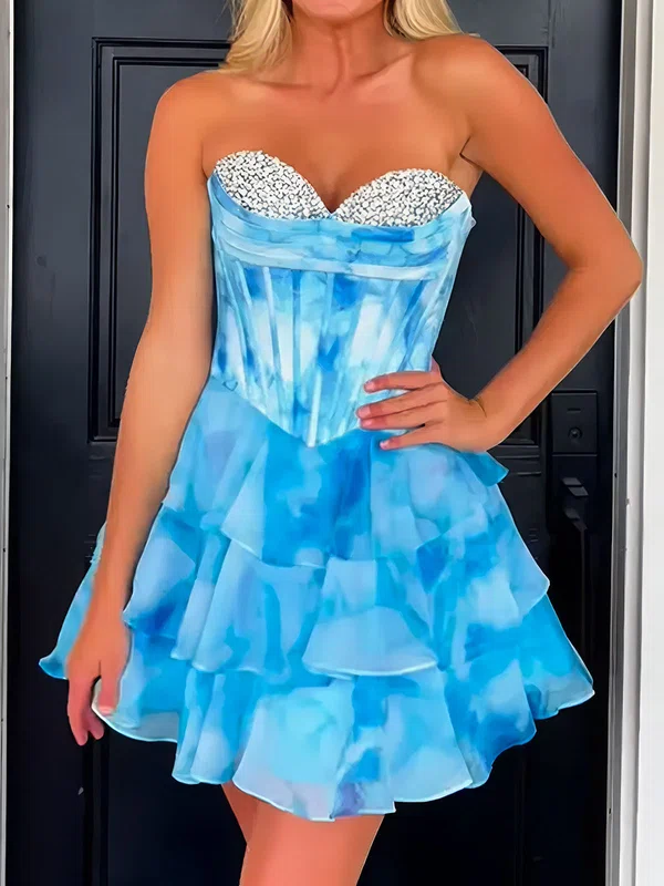 Blue Floral Print Corset A-line Strapless Tiered Ruffle Homecoming Dresses #Milly02055290