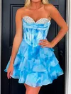 Blue Floral Print Corset A-line Strapless Tiered Ruffle Homecoming Dresses #Milly02055290