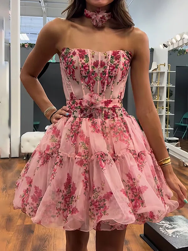 Corset A-line Strapless Chiffon Floral Print Homecoming Dresses #Milly02055293