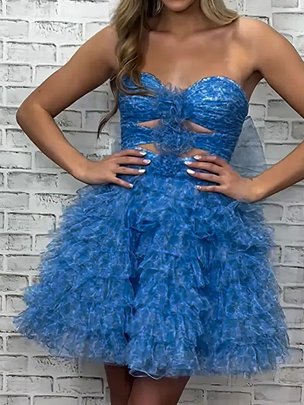 Blue Floral Print Cut Out Strapless Tiered Ruffle Homecoming Dresses #Milly02055300