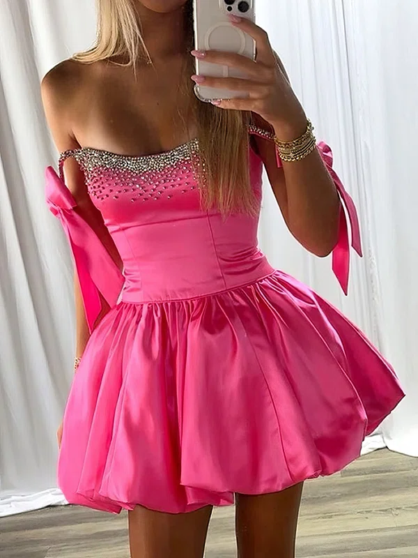 Petite Off-the-shoulder Satin Beaded Skater Homecoming Dresses #Milly02055312