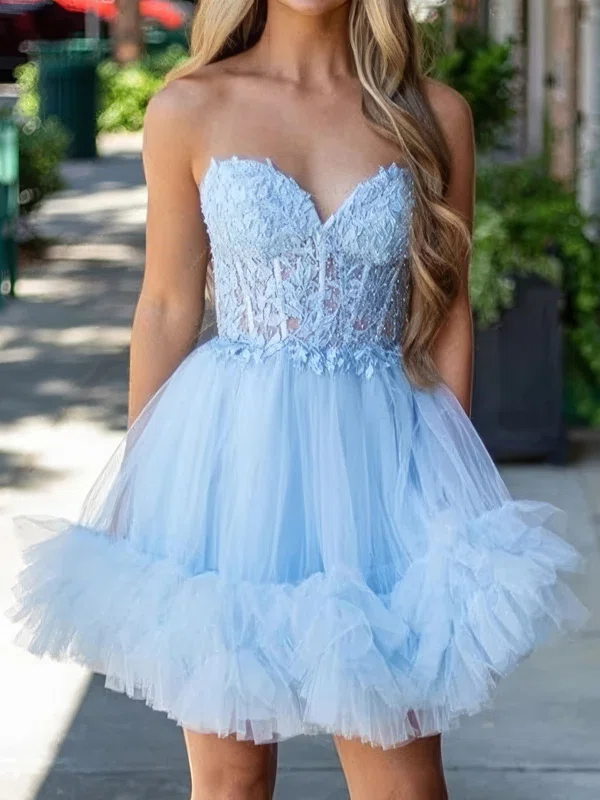 Strapless Tulle Corset Ruffle Homecoming Dresses with Appliques #Milly02055352