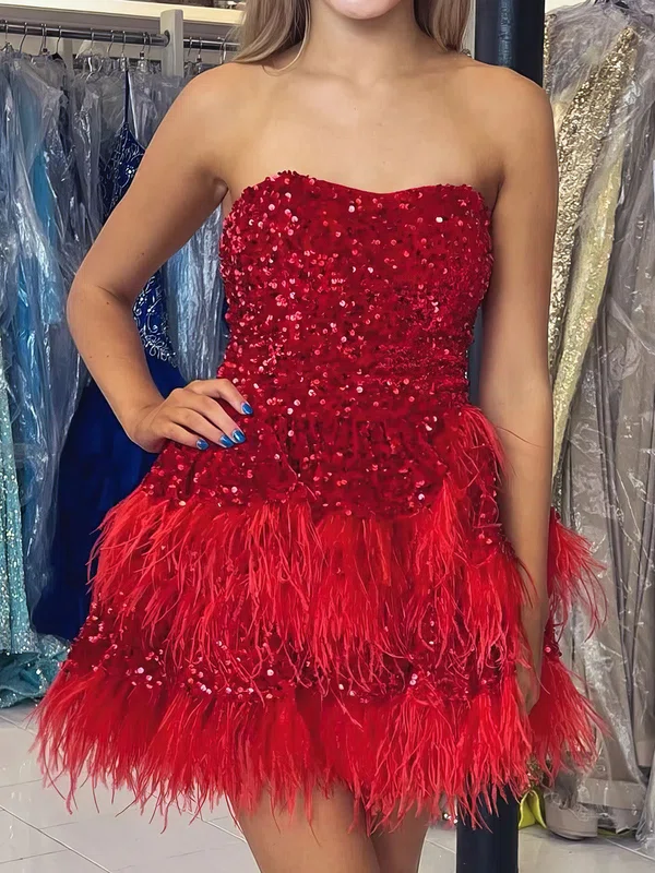 Sparkly Strapless Velvet Sequin Feathers Skater Homecoming Dresses #Milly02055360