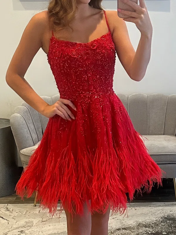 Sparkly Scoop Neck Tulle Beaded Feathers Homecoming Dresses #Milly02055382