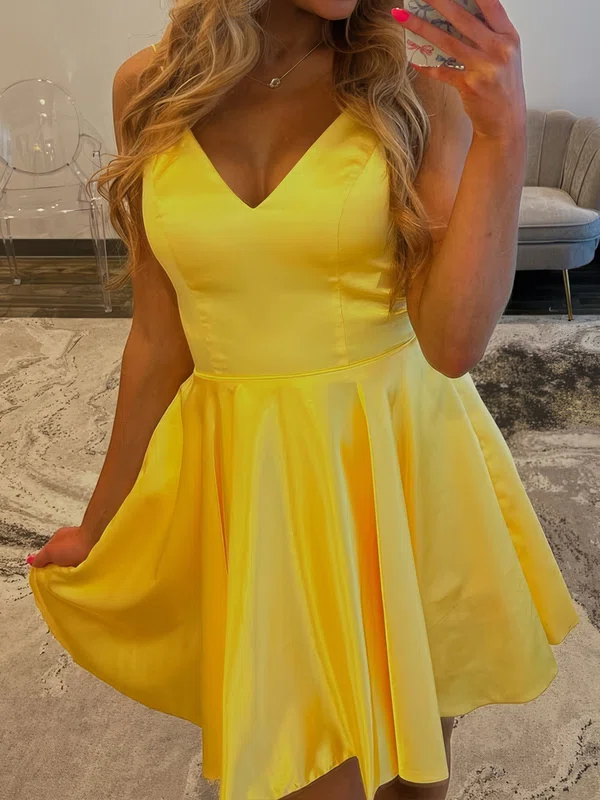 Simple A-line V-neck Satin Homecoming Dresses #Milly02055390