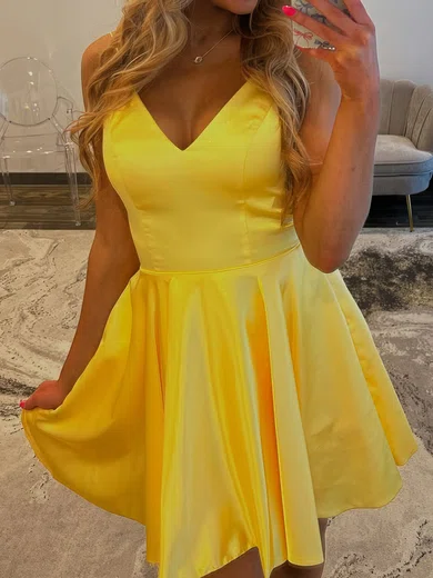 Simple A-line V-neck Satin Homecoming Dresses #Milly02055390