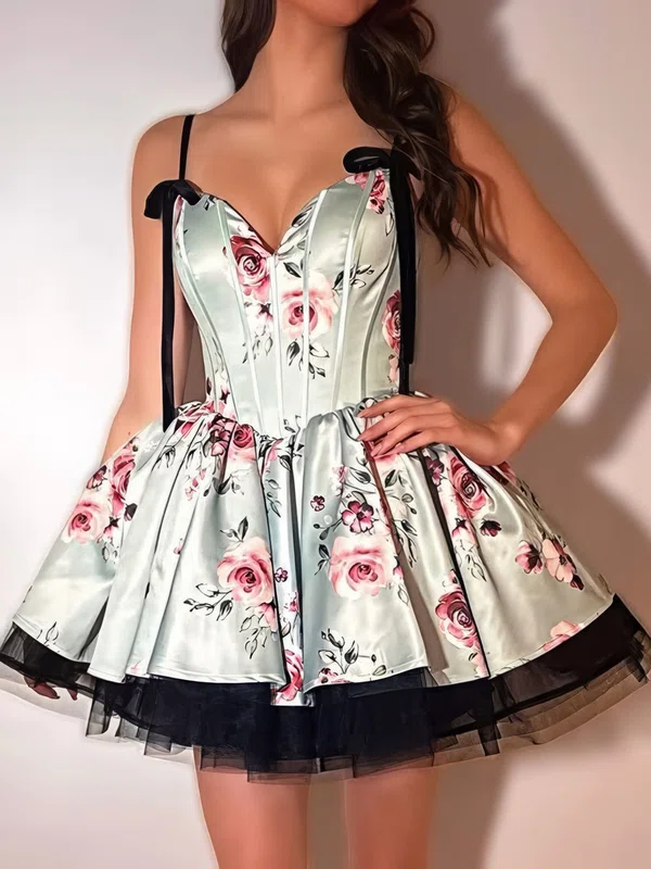 Corset V-neck Floral Print Satin Princess Homecoming Dresses #Milly02055393