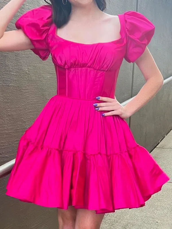 Square Neck Taffeta Ruched Skater Puffy Sleeves Homecoming Dresses #Milly02055431