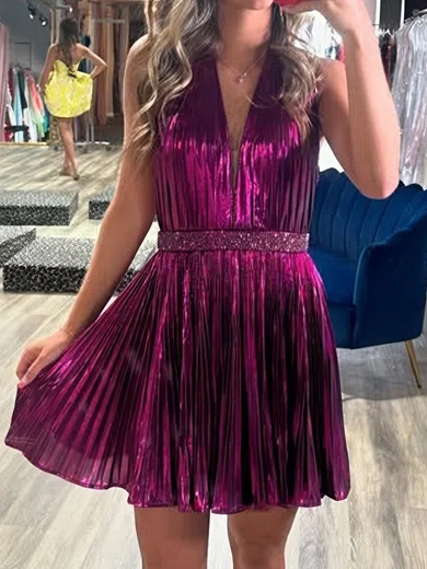 Unique A-line Halter Metallic Beaded Pleated Homecoming Dresses #Milly02055454