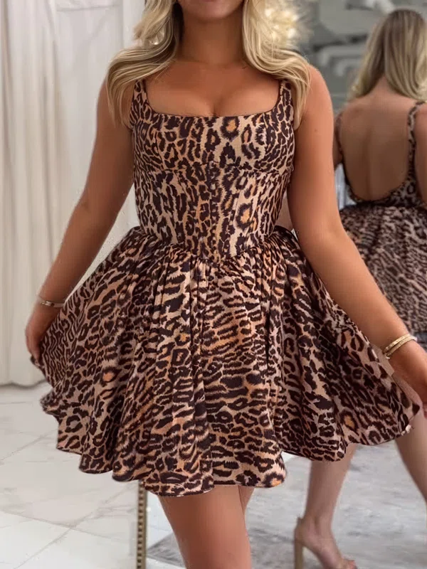 Simple A-line Square Neck Satin Cheetah Print Homecoming Dresses #Milly02055458