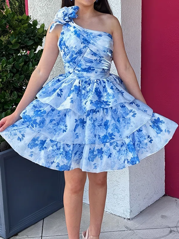 One Shoulder Organza Floral Print Skater Tiered Homecoming Dresses #Milly02055520