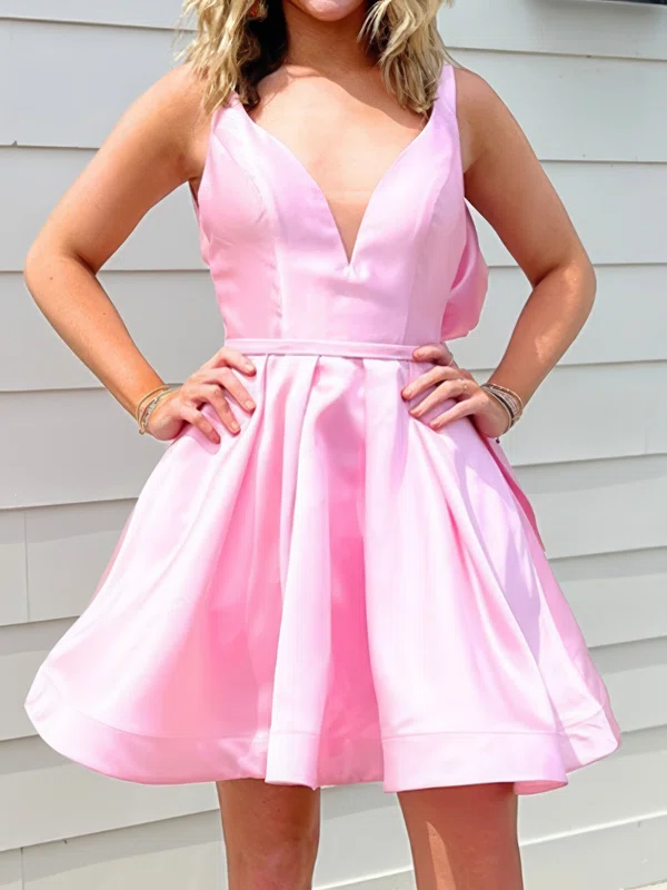 Petite V-neck Satin Bow Skater Homecoming Dresses #Milly02055524