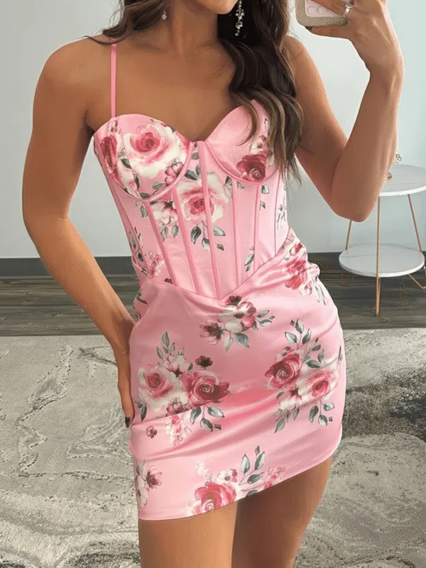 Corset Satin Bodycon Floral Print Homecoming Dresses #Milly02055546
