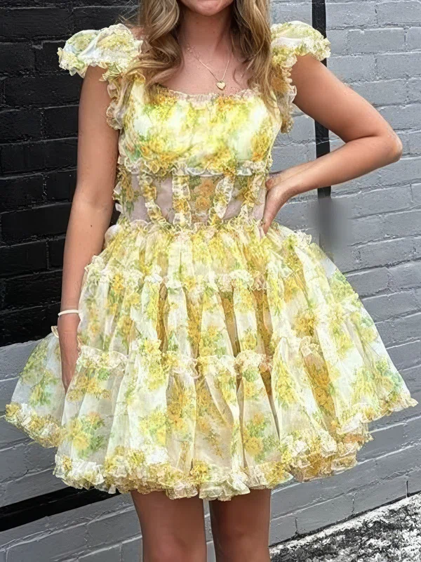 Puffy Square Neck Skater Floral Print Homecoming Dresses #Milly02055549