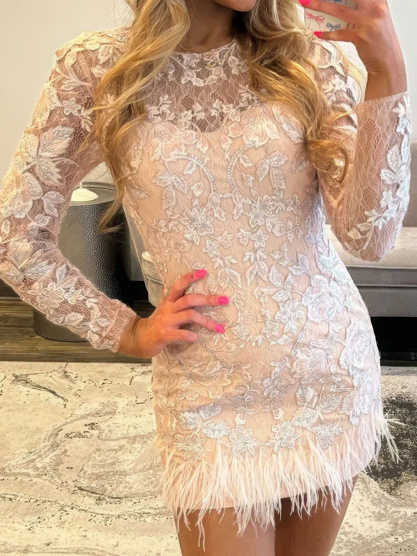 Scoop Neck Lace Feathers Bodycon Long Sleeve Homecoming Dresses #Milly02055574