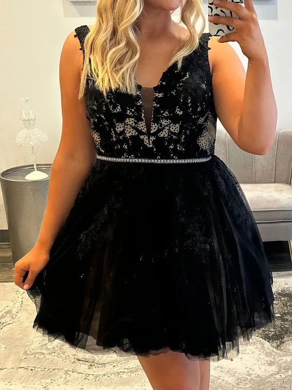 Puffy V-neck Tulle Beaded Skater Homecoming Dresses #Milly02055579