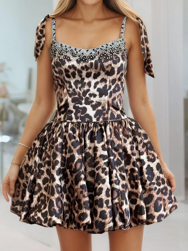 Square Neck A-line Cheetah Print Satin Beaded Homecoming Dresses #Milly02055591