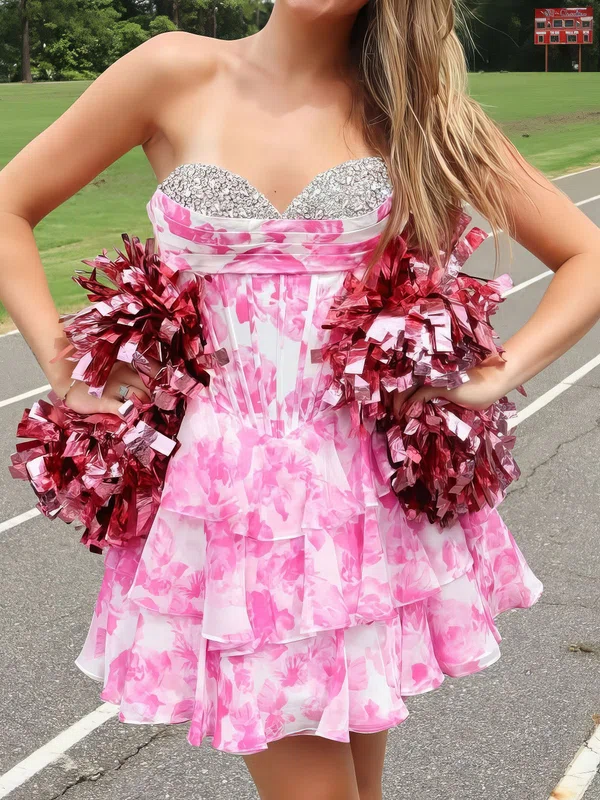 A-line Strapless Tiered Floral Print Homecoming Dresses #Milly02055600