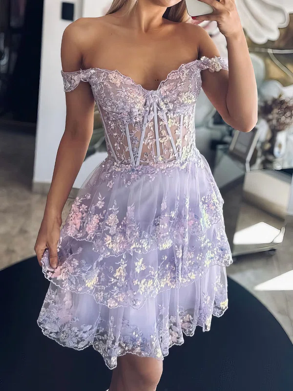 Off-the-shoulder Glitter Lace Skater Tiered Homecoming Dresses #Milly02055621
