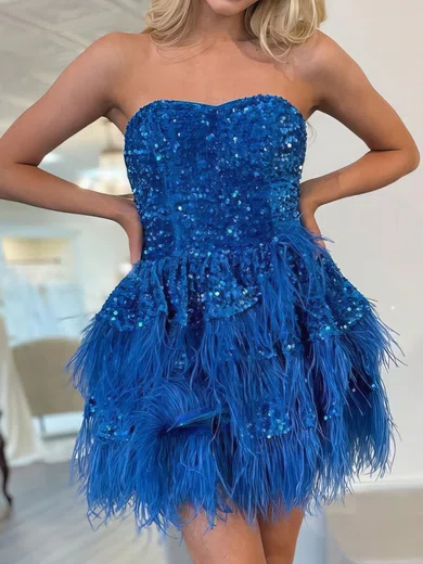 Sparkly Skater Strapless Velvet Sequin Feathers Homecoming Dresses #Milly02055672