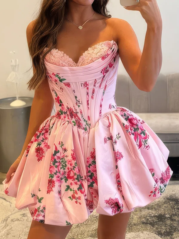 Petite Corset Skater Strapless Satin Floral Print Homecoming Dresses #Milly02055683