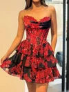 Red Black Floral Corset A-line Strapless Ruffle Tiered Homecoming Dresses #Milly02055707
