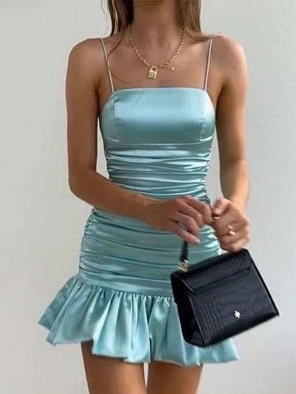 Square Neck Ruched Satin Bodycon Ruffle Homecoming Dresses #Milly02055712