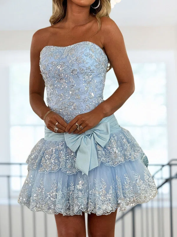Luxury Strapless Tulle Tiered Ruffle Homecoming Dresses with Bow #Milly02055733