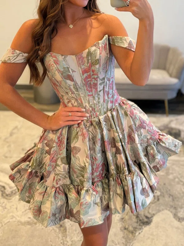 Off-the-shoulder Corset Satin Ruffle Floral Homecoming Dresses #Milly02055738