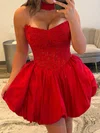 Puffy Strapless Corset Satin Homecoming Dresses with Appliques #Milly02055739