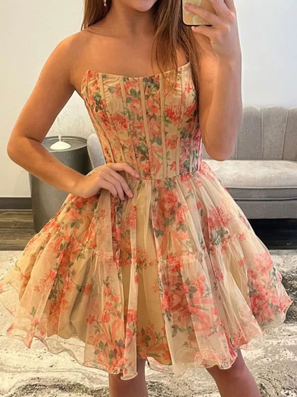 Strapless Tulle Ruffle Floral Print Homecoming Dresses #Milly02055747