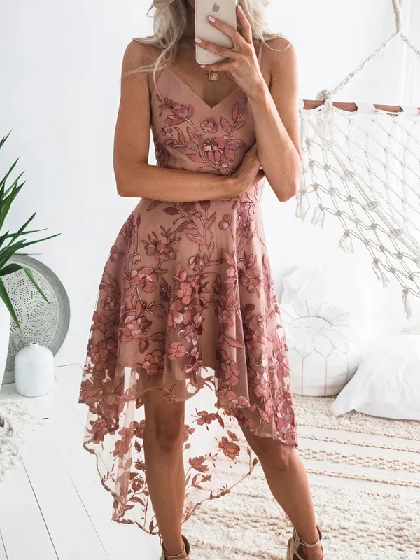 A-line Lace Floral Asymmetrical Homecoming Dresses #Milly02055766