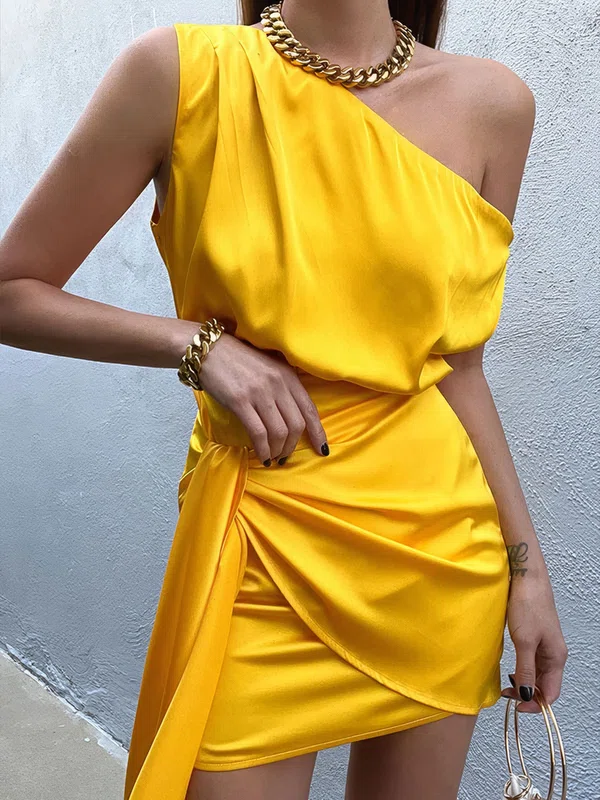 One Shoulder Satin Ruched Bodycon Homecoming Dresses #Milly02055784