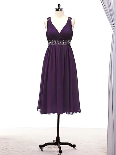 Pretty Knee-length V-neck Purple Chiffon Beading Bridesmaid Dresses #02017715