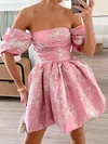 Off-the-shoulder Satin Ruched Floral Homecoming Dresses #Milly02055798