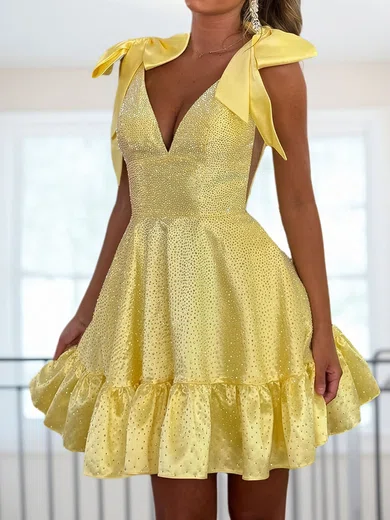 Sparkly A-line V-neck Satin Beaded Ruffle Homecoming Dresses #Milly02055833