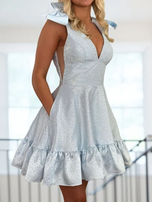 Glitter V-neck Satin Ruffle Beaded Homecoming Dresses #Milly02055836