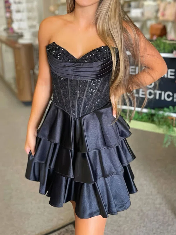 Strapless Satin Tiered Ruffle Homecoming Dresses with Appliques #Milly02055861