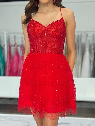 Sparkly Corset A-line V-neck Tulle Beaded Homecoming Dresses #Milly02055866