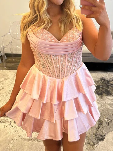Plus Size Corset Satin Tiered Ruffle Homecoming Dresses with Appliques #Milly02055880