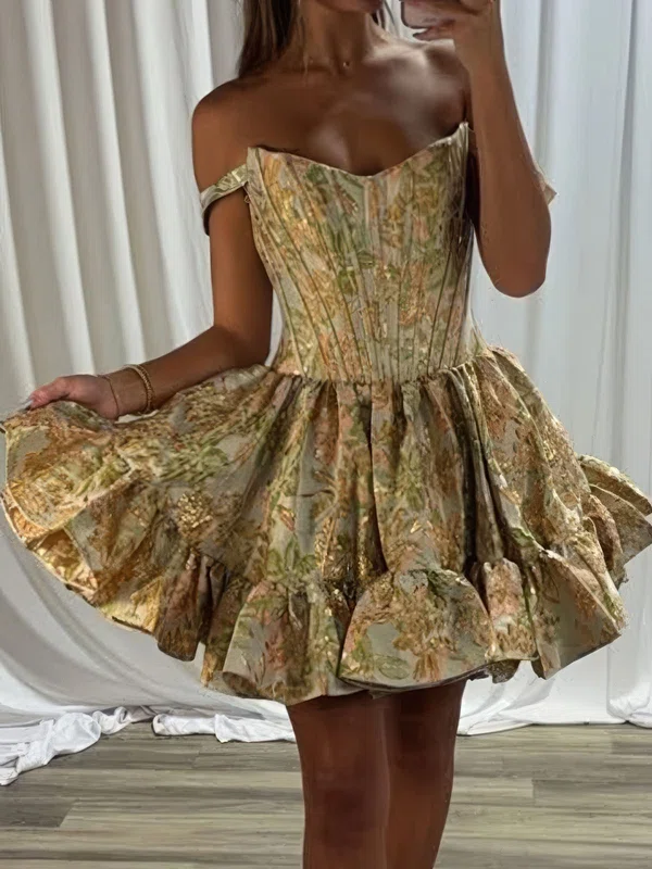 Corset Ball Gown Off-The-Shoulder Satin Floral Print Homecoming Dresses #Milly02055903