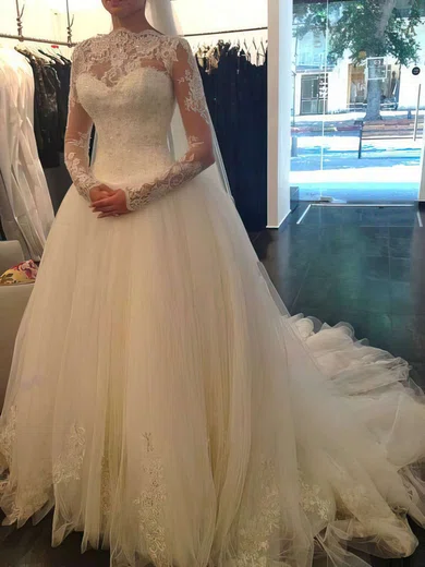 Ball Gown/Princess Illusion Tulle Chapel Train Wedding Dresses With Beading #00021194
