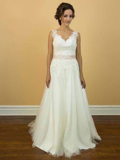 Modest V-neck Appliques Lace And Court Train Straps Ivory Tulle Wedding Dress #00021200