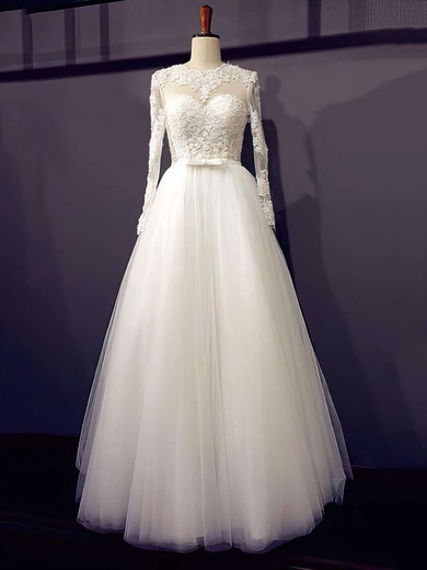 Designer Princess Scoop Neck Ivory Tulle Appliques Lace Long Sleeve Wedding Dresses #00021203