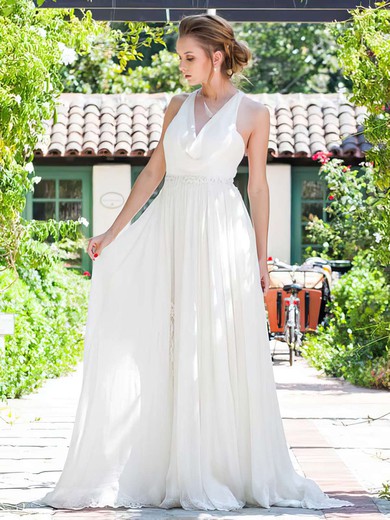 Unique Cowl Neck Appliques Lace A-line Straps Ivory Chiffon Wedding Dresses #00021217