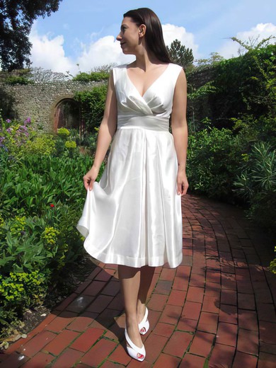 Tea-length Ivory V-neck Elastic Woven Satin Ruffles Cheap Wedding Dresses #00021218