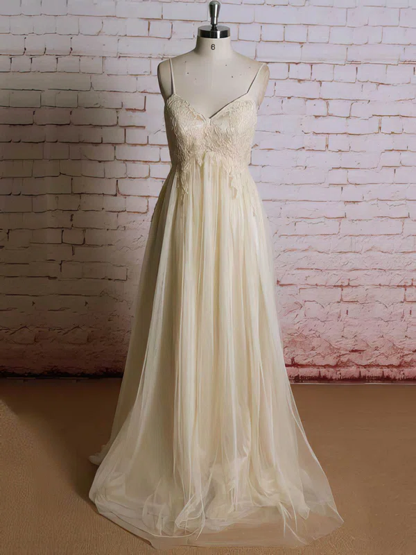Champagne Tulle With Appliques Lace V-neck Straps Popular Empire Wedding Dress #00021223