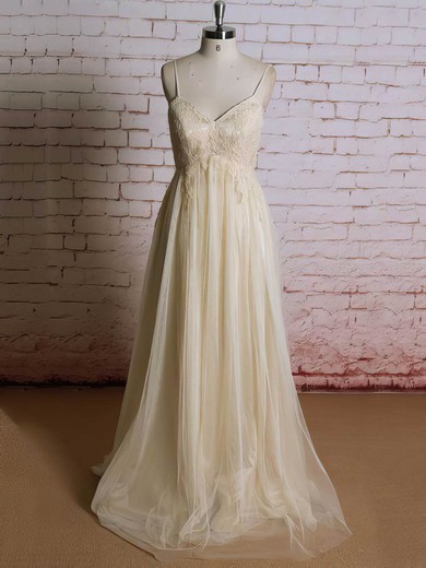 Champagne Tulle With Appliques Lace V-neck Straps Popular Empire Wedding Dress #00021223