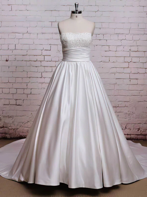 White Satin with Bow Strapless Lace-up Chapel Train Elegant Wedding Dresses #00021224